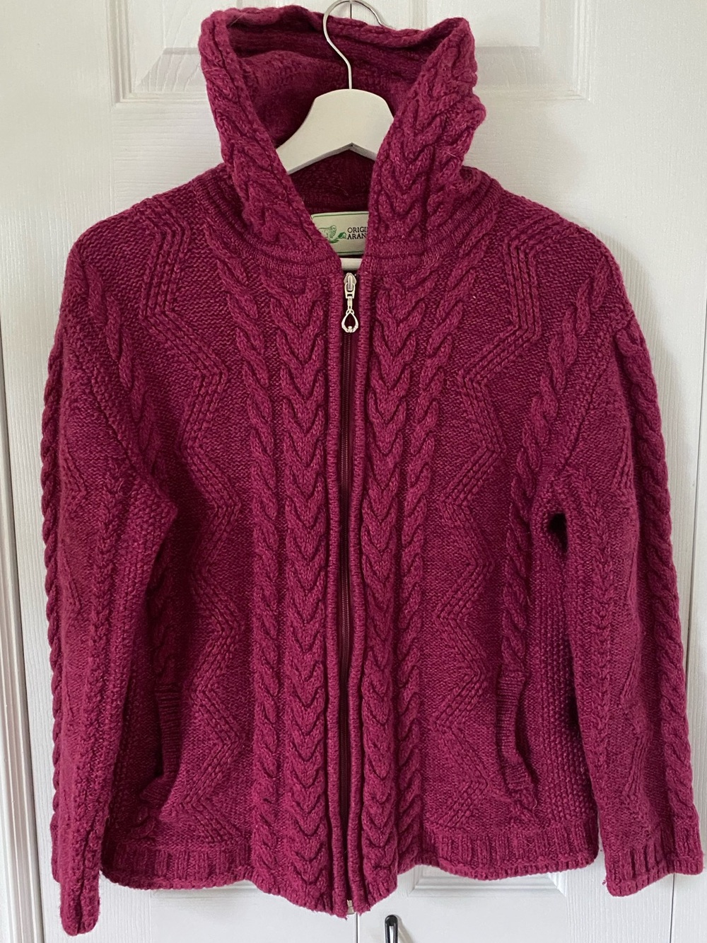 Original Aran Co. Women’s Cable Knit Zip Hoodie Sweater 100% Merino Burgundy L